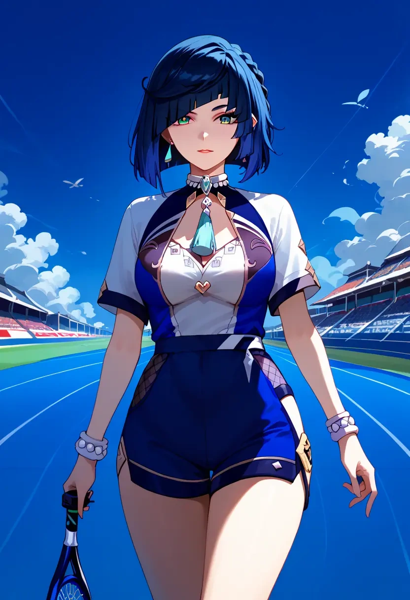 genshin impact,yelan_(genshin_impact),tennis polo,skort  - 