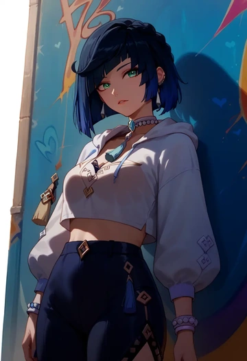 genshin impact,yelan_(genshin_impact),cropped graffiti sweatshirt,dolphin shorts  - AI generated anime art