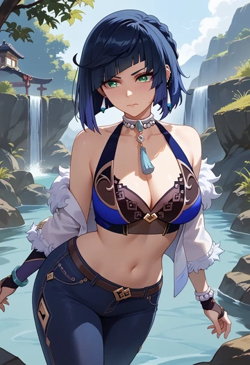 genshin impact,yelan_(genshin_impact),crop top  - AI generated anime art