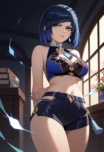 genshin impact,yelan_(genshin_impact),leather,shorts,crop top  - AI generated anime art