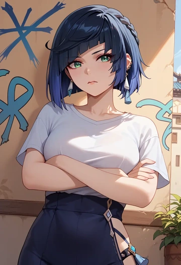 genshin impact,yelan_(genshin_impact),crop graffiti tee,dolphin shorts  - AI generated anime art