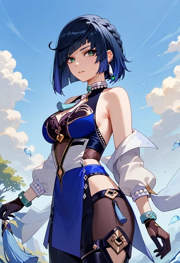 genshin impact,yelan_(genshin_impact),sports crop,high-waisted shorts  - AI generated anime art