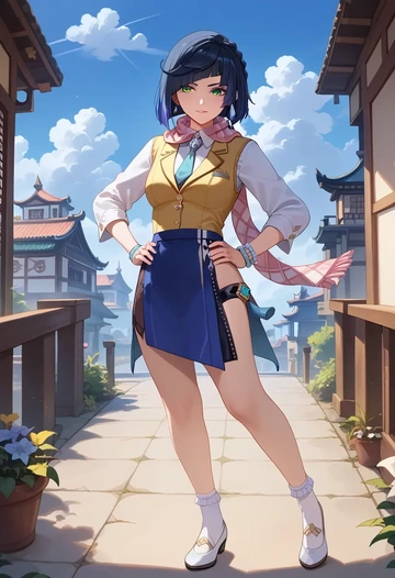 genshin impact,yelan_(genshin_impact),spring,student uniform,vest  - AI generated anime art