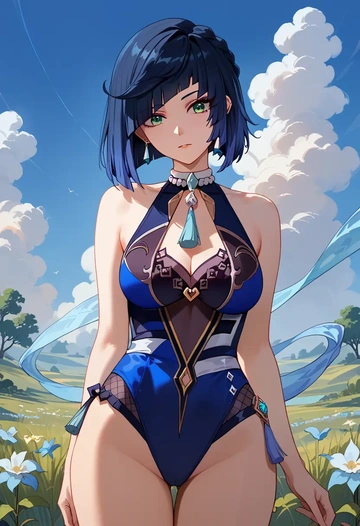 genshin impact,yelan_(genshin_impact),retro style swimsuit,frilled neckline,bow detail  - AI generated anime art