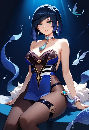 genshin impact,yelan_(genshin_impact),gown,strapless,mermaid silhouette  - AI generated anime art