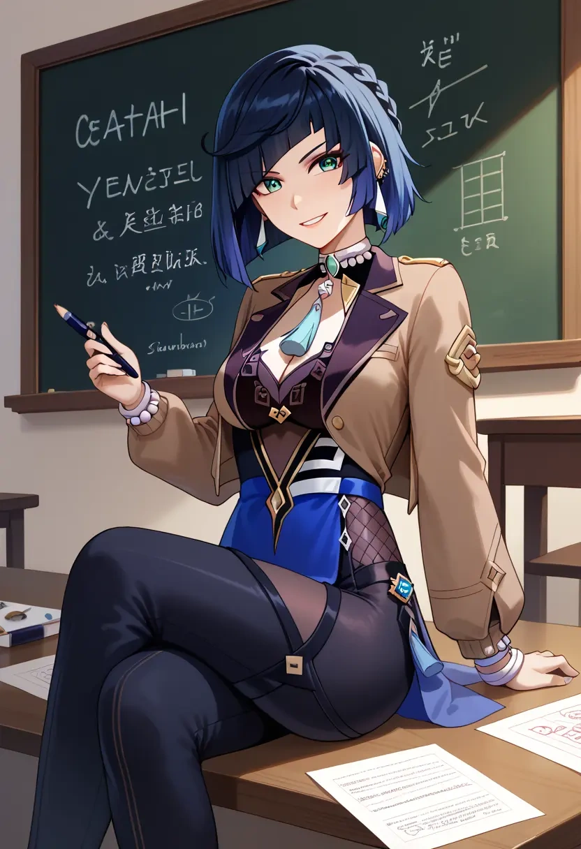 genshin impact,yelan_(genshin_impact),teacher, sweater  - 