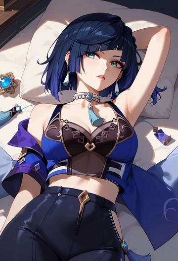 genshin impact,yelan_(genshin_impact),off-shoulder top,dolphin shorts  - AI generated anime art