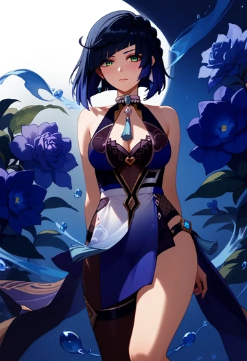 genshin impact,yelan_(genshin_impact),silk slip dress,floral prints  - AI generated anime art