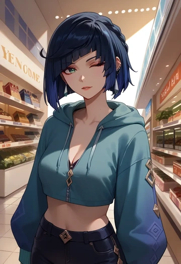 genshin impact,yelan_(genshin_impact),crop hoodie,shorts  - AI generated anime art