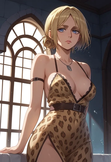 shingeki_no_kyojin,ymir_(shingeki_no_kyojin),leopard print,silk slip dress  - AI generated anime art