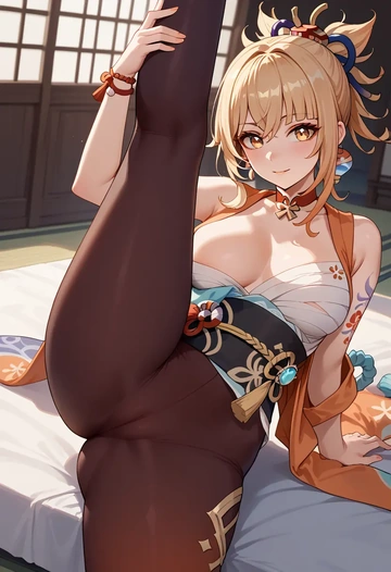 genshin_impact,yoimiya_(genshin_impact),yoga, leggings,spread legs,one leg up,sexy  - AI generated anime art