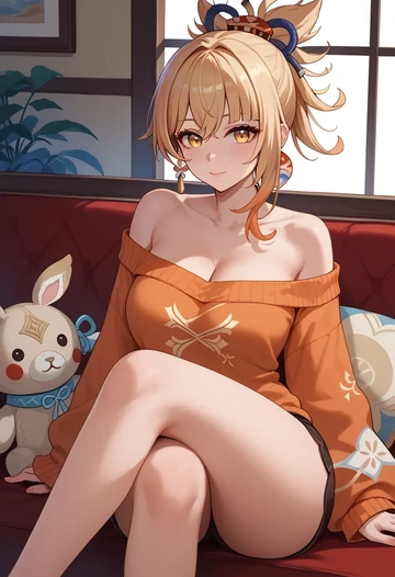 genshin_impact,yoimiya_(genshin_impact),off-shoulder,sweater  - AI generated anime art