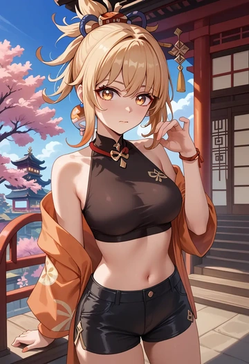 genshin_impact,yoimiya_(genshin_impact),leather,shorts,crop top  - AI generated anime art