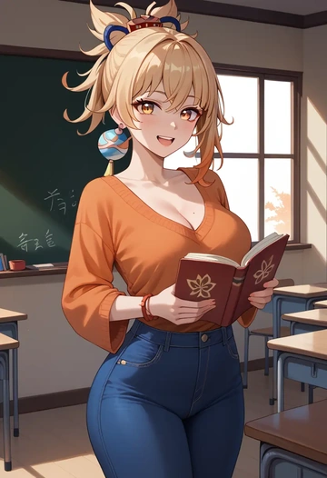 genshin_impact,yoimiya_(genshin_impact),teacher, sweater, jeans shorts  - AI generated anime art