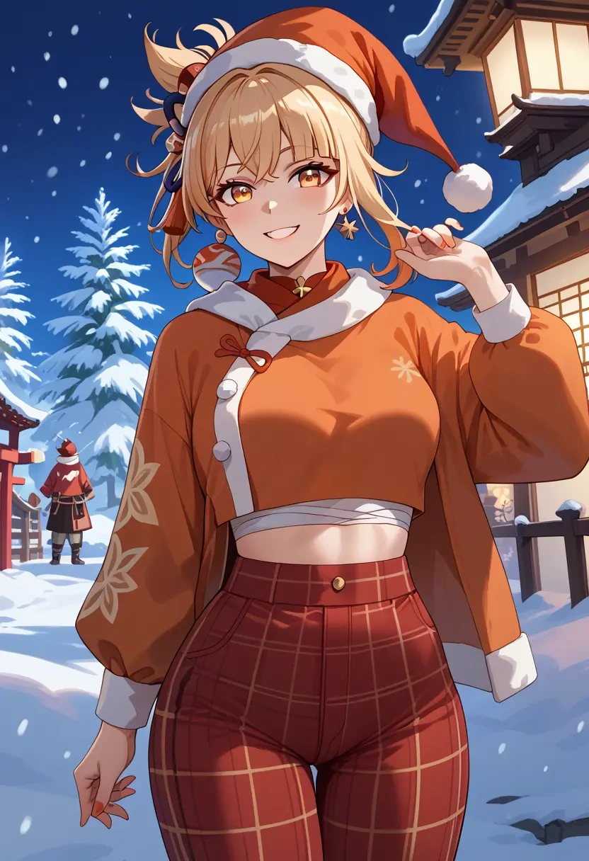 genshin_impact,yoimiya_(genshin_impact),Christmas,plaid trousers  - 