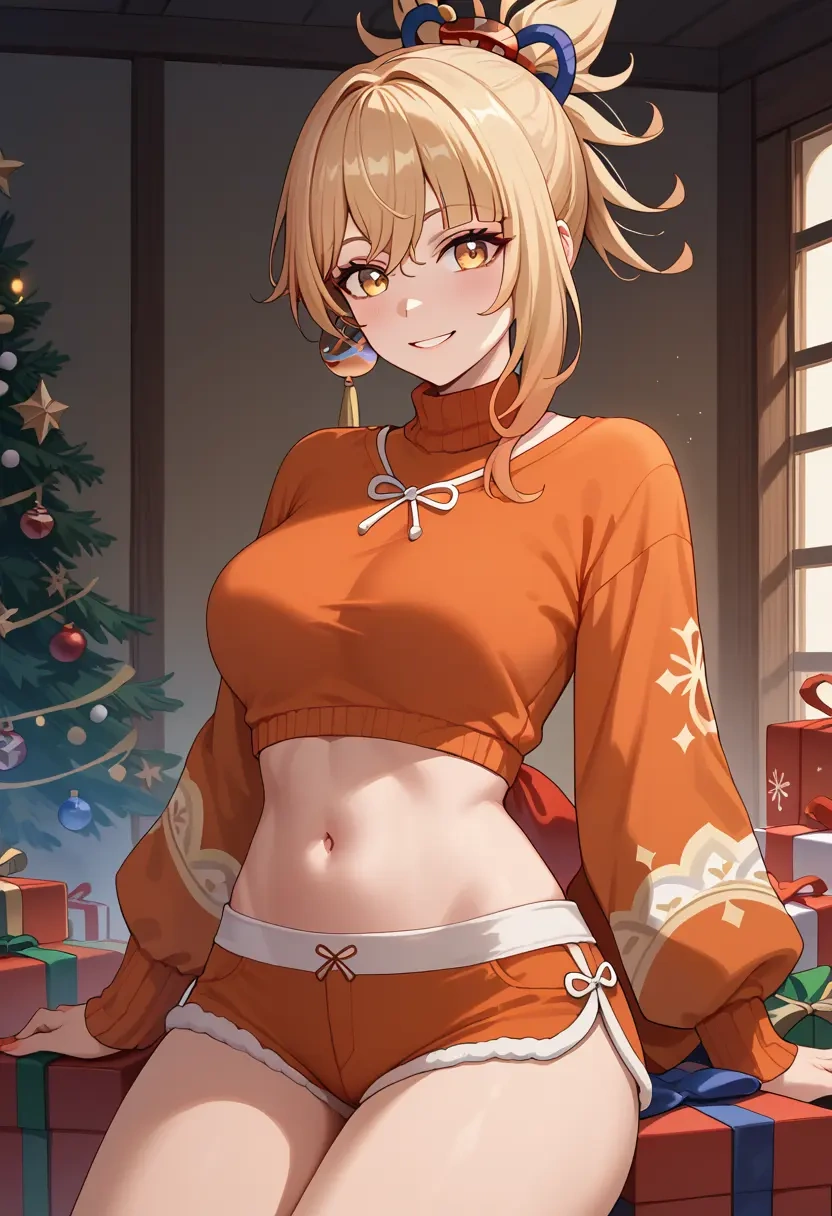 genshin_impact,yoimiya_(genshin_impact),Christmas,red velvet shorts,turtleneck sweater  - 