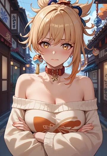 genshin_impact,yoimiya_(genshin_impact),sweater,off-shoulder,collar  - AI generated anime art