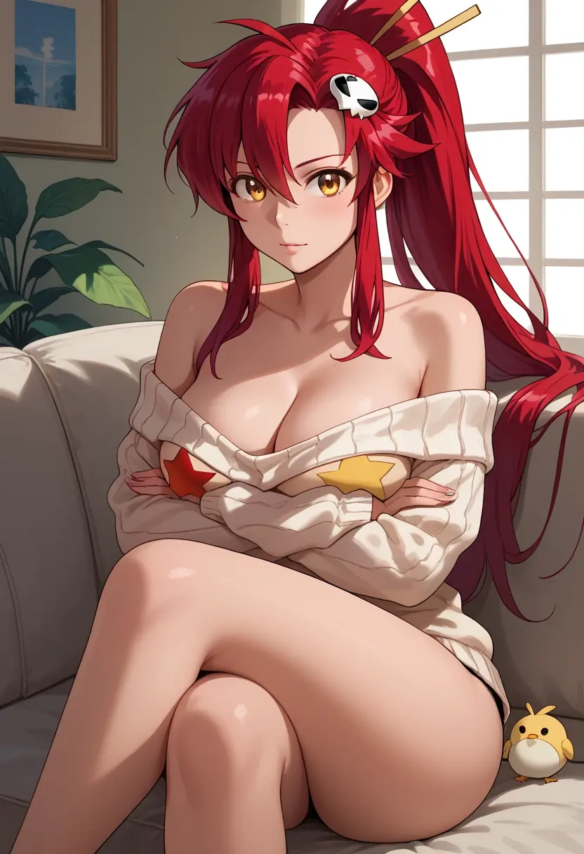 tengen_toppa_gurren_lagann,yoko_littner,arms crossed,off-shoulder,sweater,cross-legged  - 