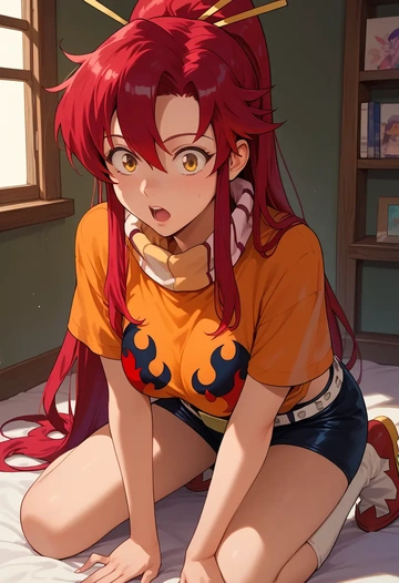 tengen_toppa_gurren_lagann,yoko_littner,pop art shirt,dolphin shorts  - AI generated anime art