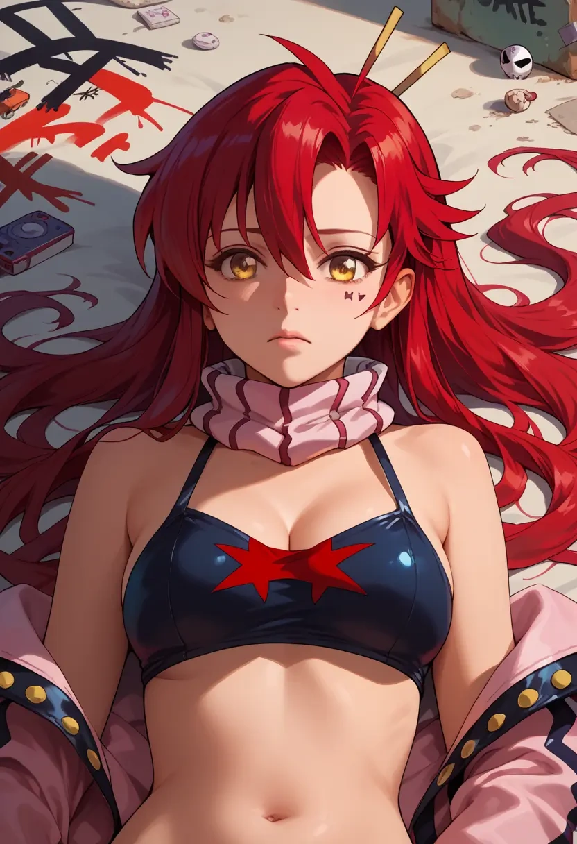 tengen_toppa_gurren_lagann,yoko_littner,patchwork graffiti top,dolphin shorts  - 