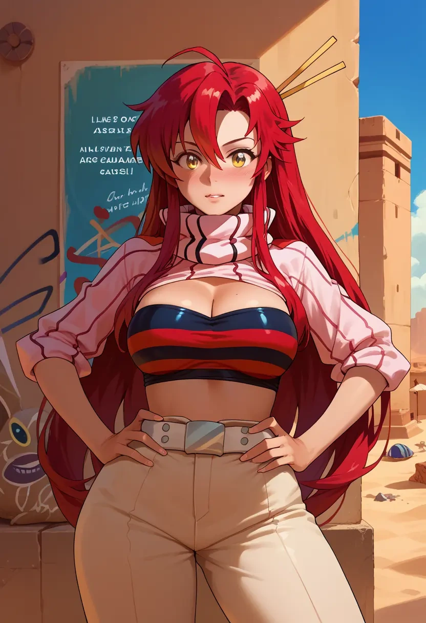 tengen_toppa_gurren_lagann,yoko_littner,striped graffiti blouse,dolphin shorts  - 