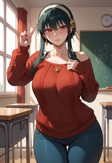 spy_x_family,yor_briar,teacher, sweater, jeans shorts  - AI generated anime art