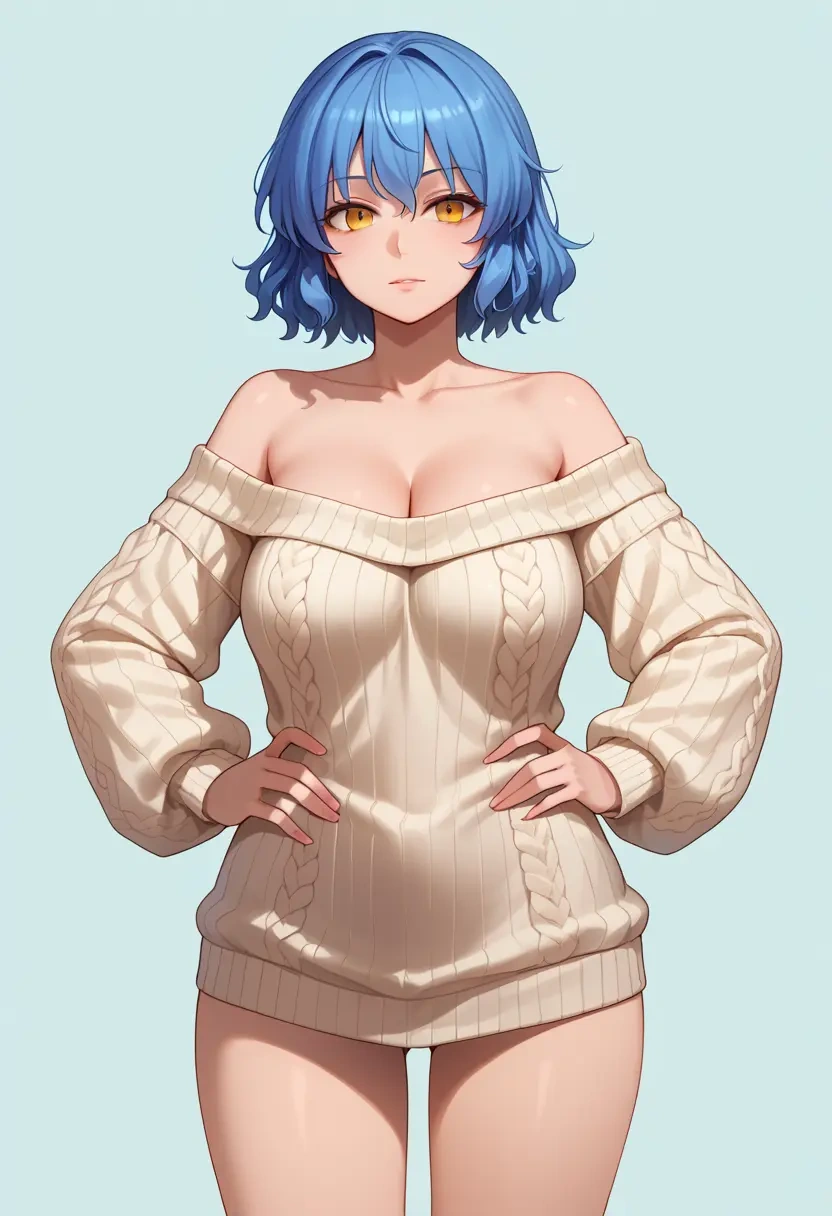 touhou,yorigami_jo_on,Hands on hips,off-shoulder,sweater  - 