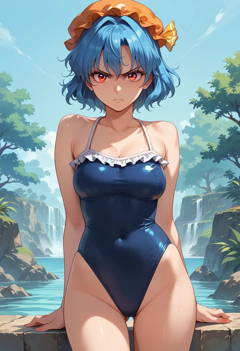 touhou,yorigami_jo_on,retro style swimsuit,frilled neckline,bow detail  - 