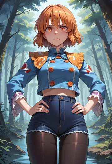 touhou,yorigami_jo_on,denim jacket,cropped,leather leggings  - AI generated anime art