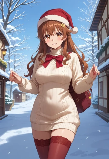 machikado_mazoku,yoshida_yuuko_(machikado_mazoku),Christmas,sweater dress,stockings  - AI generated anime art