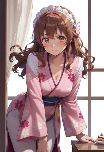 machikado_mazoku,yoshida_yuuko_(machikado_mazoku),kimono,silk,wide-leg trousers  - AI generated anime art