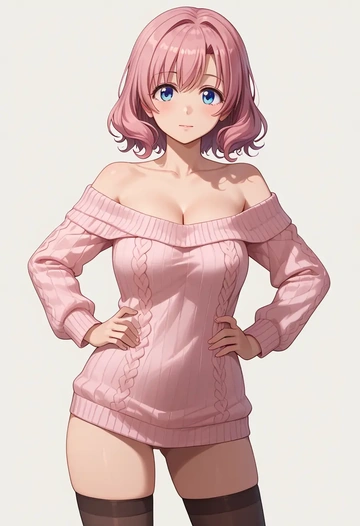 yuru_yuri,yoshikawa_chinatsu,Hands on hips,off-shoulder,sweater,stockings  - AI generated anime art