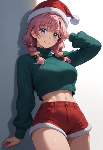 yuru_yuri,yoshikawa_chinatsu,Christmas,red velvet shorts,turtleneck sweater  - AI generated anime art