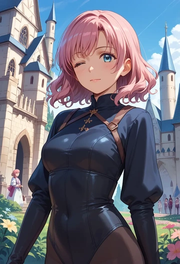 yuru_yuri,yoshikawa_chinatsu,black widow bodysuit,spiderweb cape,leather gloves  - AI generated anime art