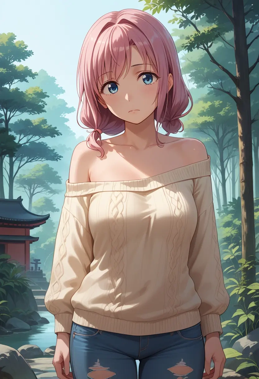 yuru_yuri,yoshikawa_chinatsu,sweater,off-shoulder,ripped jeans  - 