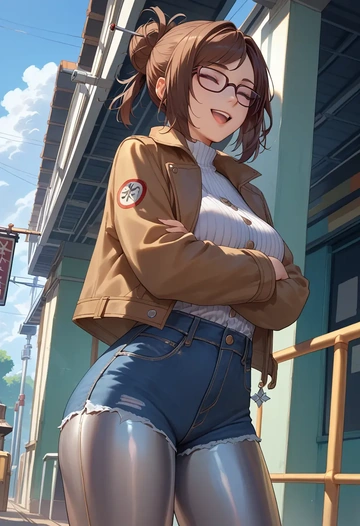 fate_(series),yu_mei-ren_(fate),denim jacket,cropped,leather leggings  - AI generated anime art