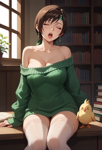 final_fantasy,yuffie_kisaragi,Yawning,off-shoulder,sweater,stockings  - AI generated anime art