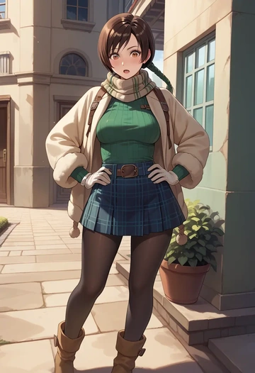 final_fantasy,yuffie_kisaragi,winter,student uniform,down jacket  - AI generated anime art