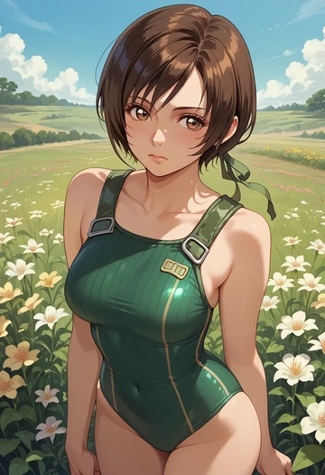 final_fantasy,yuffie_kisaragi,retro style swimsuit,frilled neckline,bow detail  - AI generated anime art