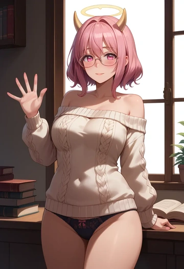 angel_beats,yui_(angel_beats),sweater,panties,off-shoulder,glasses,sexy  - AI generated anime art