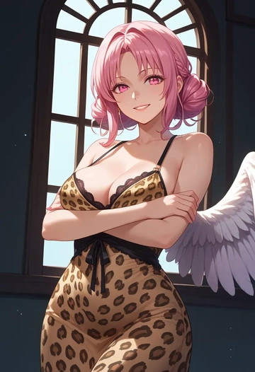 angel_beats,yui_(angel_beats),leopard print,silk slip dress  - AI generated anime art