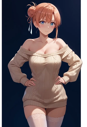 yahari_ore_no_seishun_lovecome_wa_machigatteiru,yuigahama_yui,Hands on hips,off-shoulder,sweater,stockings  - AI generated anime art