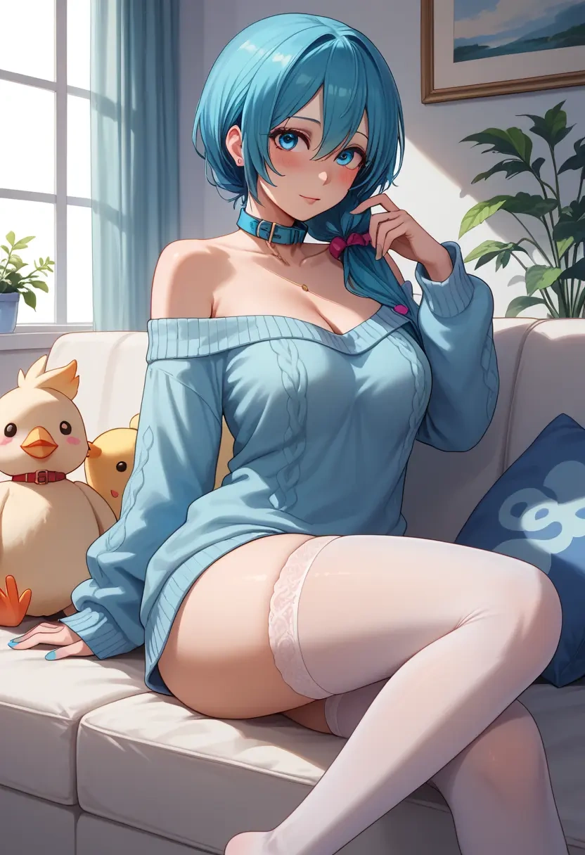 vocaloid,yuki_miku,blushing,collar,off-shoulder,sweater,stockings  - 