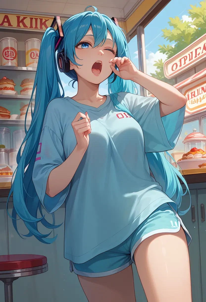 vocaloid,yuki_miku,graphic tee,shorts,sneakers  - 