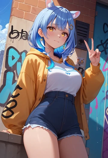 hololive,yukihana_lamy_(1st_costume),neon graffiti top,dolphin shorts  - AI generated anime art