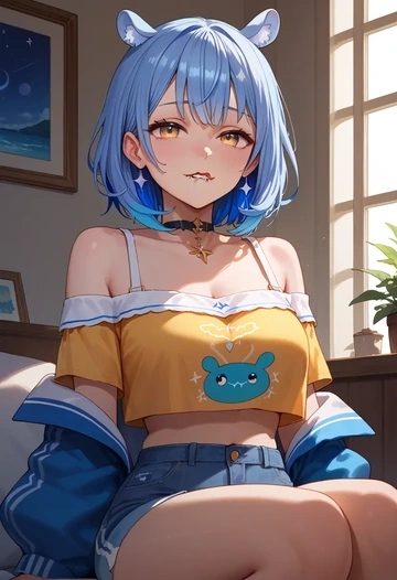 hololive,yukihana_lamy,off-shoulder top,dolphin shorts  - AI generated anime art