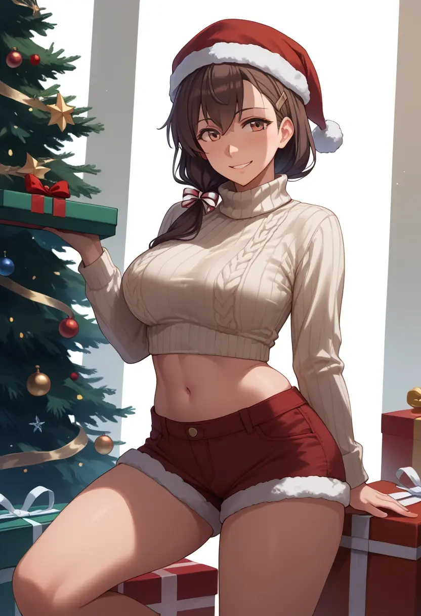 kantai_collection,yukikaze_(kancolle),Christmas,red velvet shorts,turtleneck sweater  - 