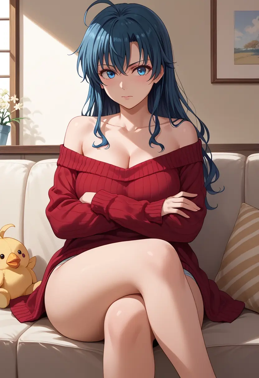 yahari_ore_no_seishun_lovecome_wa_machigatteiru,yukinoshita_yukino,arms crossed,off-shoulder,sweater,cross-legged  - 