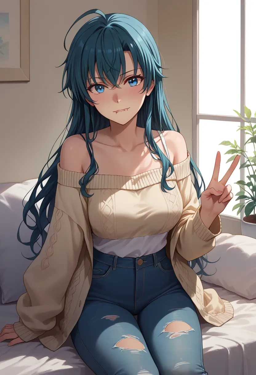 yahari_ore_no_seishun_lovecome_wa_machigatteiru,yukinoshita_yukino,sweater,off-shoulder,ripped jeans  - 