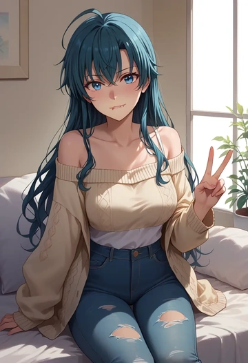 yahari_ore_no_seishun_lovecome_wa_machigatteiru,yukinoshita_yukino,sweater,off-shoulder,ripped jeans  - AI generated anime art